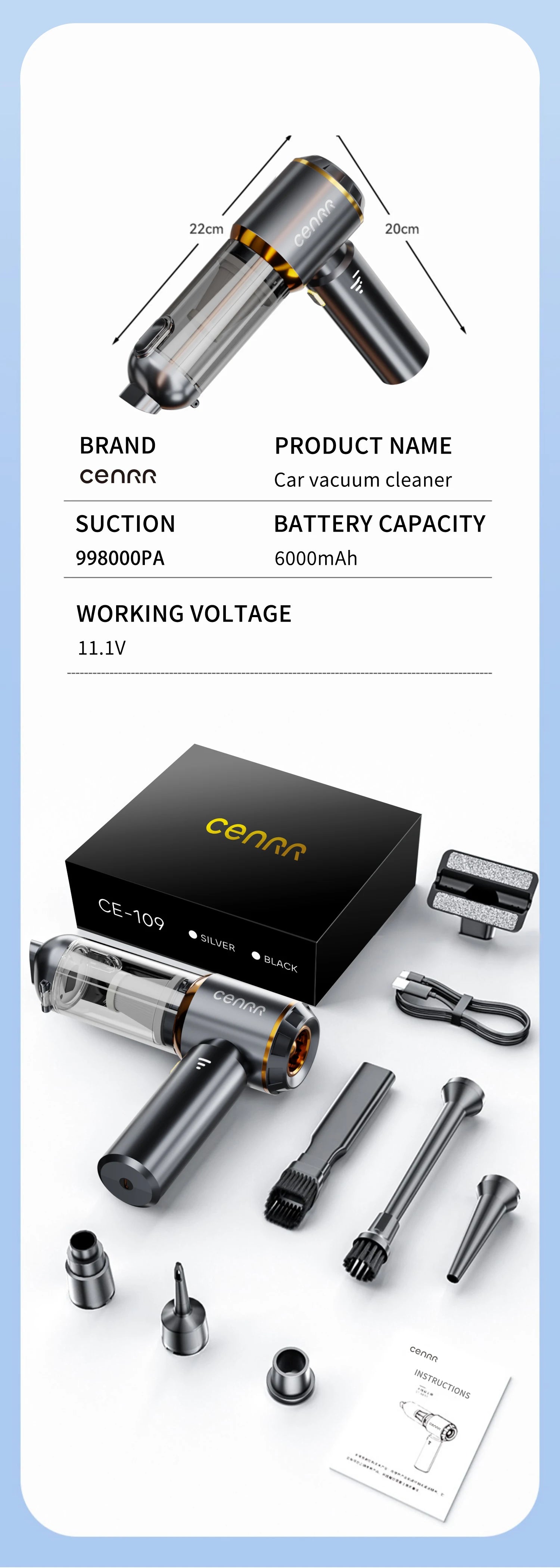 CENRR™ 998000PA Premium Car Vacuum Cleaner – Powerful, Cordless & Multi-Functional Cleaning